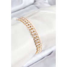 Inure Jewelry Pirinç Zirkon Taşlı Çift Sıra Kare Model Gold Renk Asansörlü Kadın Bileklik