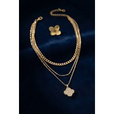 Inure Jewelry Gold Renk Pirinç Yonca Detaylı Kadın Kolye Kombini