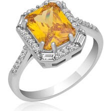 Inure Jewelry Gümüş Sarı Taşlı Baget Kare Kadın Yüzük