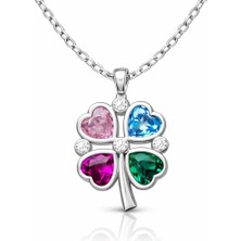Inure Jewelry Gümüş Renkli Taşlı Kalp Figürlü Yonca Kolye