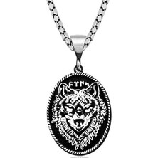 Inure Jewelry Gümüş Siyah Zeminli Kurt Motifli Göktürkçe Türk Yazılı  Kolye