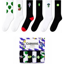 Carnaval Socks Uzaylı Nakışlı 6\'lı Kutulu Çorap Seti – Siyah Beyaz Tenis