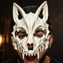 Pandoli Halloween Beyaz Renk Yarım Yüz Arkadan Lastikli Kurt  Kafatası Wolf Skull Maskesi