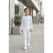 Kiagu T-Shirt Erkek Çocuk Basic Beyaz Tişört Uzun Kollu %100 Pamuk Bisiklet Yaka Baskısız Tshirt
