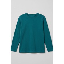Kiagu T-Shirt Erkek Çocuk Basic Yeşil Tişört Uzun Kollu %100 Pamuk Bisiklet Yaka Baskısız Tshirt
