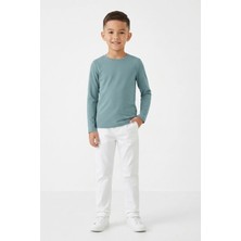 Kiagu T-Shirt Erkek Çocuk Basic Turkuaz Tişört Uzun Kollu %100 Pamuk Bisiklet Yaka Baskısız Tshirt (2-13 Yaş)