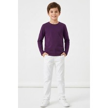 Kiagu T-Shirt Erkek Çocuk Basic Mor Tişört Uzun Kollu %100 Pamuk Bisiklet Yaka Baskısız Tshirt (2-13 Yaş)