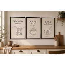 Pegziz 3’lü Mutfak Tablo Seti – Kitchen Stories Coffee First Bake With Love Minimal Çizgisel Çerçeveli Duvar Dekoru