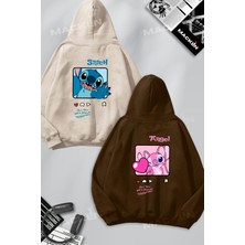 Macklin Unisex Sevgili Çift Kombini Stitch ve Angel Friends Love Sırt Baskılı Kapüşonlu Sweatshirt 2li Takım