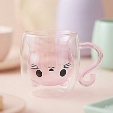 Palto Tasarım Pembe Kedi Tasarımlı Çift Cidarlı Cam Bardak - Hediyelik Figürlü Cam Bardak