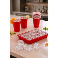 Arbolos Kırmızı Plastik Kokteyl Soğuk Içecek Parti Bardağı 10 Adet (532 Ml/18 Oz) ve 15 Bölmeli Büyük Boy Silikon Buz Kalıbı 1 Adet Kırmızı