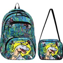 LilyMoon Sweet Pocket T-Rex Dinazor Desenli Erkek Çocuk Okul Çantası Seti - 2'li Mavi Yeşil Ilkokul Sırt Çantası + Beslenme Çantalı