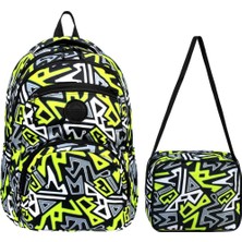LilyMoon Sweet Pocket Geometrik Desenli Erkek Çocuk Okul Çantası Seti - 2'li Neon Sarı Siyah Ilkokul Sırt Çantası + Beslenme Çantalı