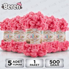 Alize Puff - 377 Canlı Pembe - 5'li Paket x 100GR / 9 Metre / Parmak Örgü Ipi / Battaniye,şal,şapka,bere,yastık Kılıfı,paspas