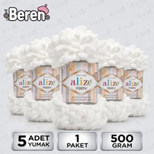 Alize Puff - 55 Beyaz - 5'li Paket x 100GR / 9 Metre / Parmak Örgü Ipi / Battaniye,şal,şapka,bere,yastık Kılıfı,paspas