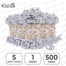 Alize Puff - 416 Gri - 5'li Paket x 100GR / 9 Metre / Parmak Örgü Ipi / Battaniye,şal,şapka,bere,yastık Kılıfı,paspas
