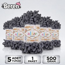 Alize Puff - 87 Koyu Gri - 5'li Paket x 100GR / 9 Metre / Parmak Örgü Ipi / Battaniye,şal,şapka,bere,yastık Kılıfı,paspas