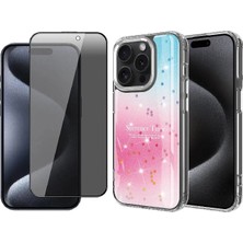 Vendas iPhone 15 Pro Max Kılıf Simli Desenli Parlak Zore Task Kapak + Hayalet Ekran Koruyucu