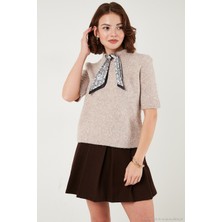 Lela Yün Karışımlı Regular Fit Fularlı Yaka Kısa Kollu Triko Kazak Bayan Kazak 4617023