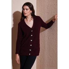 Lela Regular Fit V Yaka Düğmeli Triko Örme Uzun Hırka Bayan Hırka 4615044