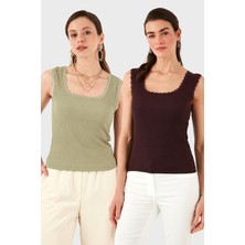 Lela Slim Fit Kalın Dantelli Kare Yaka Bürümcük 2'li Paket Atlet Bayan Atlet 5864979S2