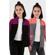 Lela Yumuşak Dokulu Fermuarlı Renk Bloklu Dik Yaka Cepli 2'li Paket Hırka Polar Çocuk POLAR 5905001S2