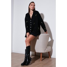 Lela Oversize Fit Desenli V Yaka Triko Hırka Bayan Hırka 4616193