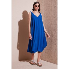 Lela Oversize Fit V Yaka Midi Boy Basic Elbise Bayan Elbise 6788688