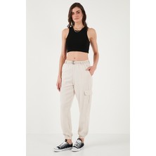 Lela Pamuklu Standart Fit Normal Bel Lastikli Paça Kemerli Jogger Pantolon Bayan Pantolon 668YP5045
