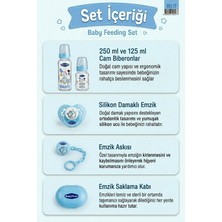 Ahengim Babytime 5 Parça Cam Biberon Beslenme Seti 250 ml 125 ml Damaklı Emzik Askı Saklama Kabı Mavi AK517