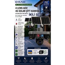 O-Kam OK-335 Premium 4g Solar Kamera Ikili Set - 4 Lens Aov 10X Zoom Ptz Güneş Panelli Dış Ortam Güvenlik Kamerası (2 Adet 64GB Kart + 2 Adet Sım Kart Dahil)