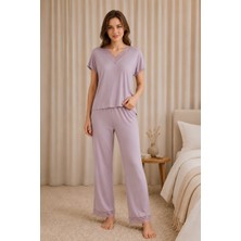 Jusmart Kadın Siyah Kısa Kollu V Yakalı Lez Dantelli Viskon Pijama Takımı Nakışlı Uzun Alt Üst 2'li Ev Giyim Uyku Takımı %94 Viskon %6 Elastan Örme Kumaş Ring Kalite Rahat Şık Homewear