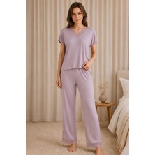 Jusmart Kadın Vizon Kısa Kollu V Yakalı Lez Dantelli Viskon Pijama Takımı Nakışlı Uzun Alt Üst 2'li Ev Giyim Uyku Takımı %94 Viskon %6 Elastan Örme Kumaş Ring Kalite Rahat Şık Homewear
