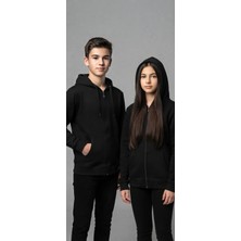 Sümer Işık Unisex Çocuk / Genç Siyah 3 Iplik Şardonlu Tam Fermuarlı Kapşonlu Okul Sweatshirt / Hırka