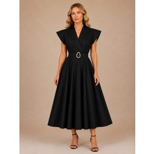 Benedetto Yeni Sezon Premium Casual Kruvaze Yaka Kemerli Midi Elbise
