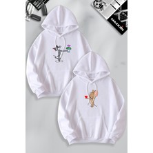 Macklin Sevgili Çift Kombin Çiçekli Tom ve Jerry Baskılı Özel Tasarım Kapüşonlu Sweatshirt 2li Set Takım