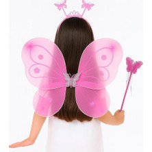 Pembe Kelebek Kız Seti – 50 cm Kelebek Kanadı, Taç ve Asa Midastech