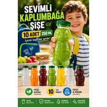Open Home Concept 10'lu Set Şeffaf Kaplumbağa Şişe Yeşil Kapaklı Pet Içecek Şişesi Çocuk Beslenme Matarası 250 ml