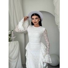 Moda Days Kadın Beyaz Dantel Midi Elbise Bisiklet Yaka Uzun Kollu Volanlı Dar Kesim