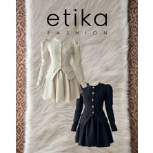 Moda Days Kadın Siyah Etek Ceket Takım Gold Düğmeli Balon Kollu Kloş Mini Etekli