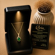Eva's Jewellery Diamonds Damla Zümrüt Kolye Işıklı Hediye Kutulu ve Sertifikalı, 18 Ayar Altın Kaplama, 925 Ayar Gerçek Gümüş