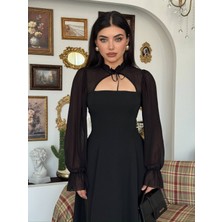 Moda Days Kadın Siyah Midi Elbise Pelerin Detaylı Şifon Kollu Kare Yaka Bağcıklı