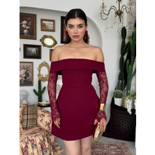 Moda Days Kadın Bordo Straplez Yaka Dantel Kollu Mini Vücuda Oturan Davet Elbisesi