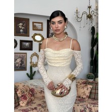 Moda Days Kadın Bej Dantel Midi Elbise Askılı Düşük Omuzlu Uzun Kollu Drapeli