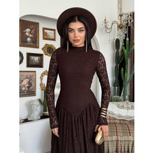 Moda Days Kadın Kahve Dantel Midi Elbise Dik Yaka Uzun Kollu Büzgülü Kloş Kesim