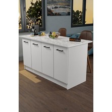 Aeka AE-2040 Vera Mutfak Adası Bar Masası Yemek Masası Dolaplı, Beyaz/Beyaz Mermer Raflı, Çok Amaçlı 160 cm