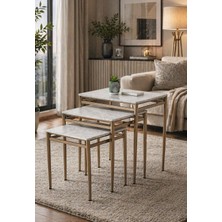 Azra Mobilya 3’lü Zigon Sehpa Takımı Gri Mermer Desenli Mdf Membran Tabla – Bronz Metal Ayaklı