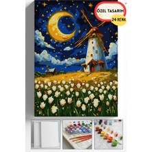 Corvo Sayılarla Boyama Seti Numaralı Tuval Fırça Boya Askı Aparatı Dahil Set 40X50 cm Yıldızlı Gece Değirmen