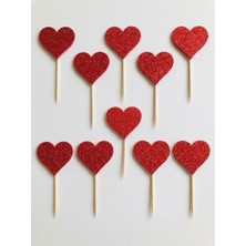 Hediyebigi Kalp Kırmızı Simli Cupcake Kürdanı Doğum Günü Parti ve Pasta Süsü 10 Lu 5cm