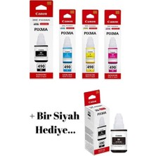 Canon GI-490 Pixma G4400 4 Renk Orjinal Mürekkep Seti + 1 Siyah Hediye GI-490 043 Canon GI-490